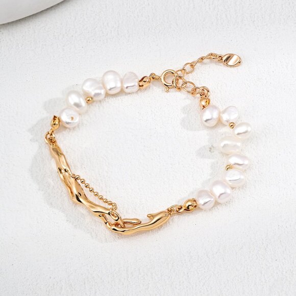 925 Gold Baroque Pearl Organic Link Bracelet - Picture 3 of 5